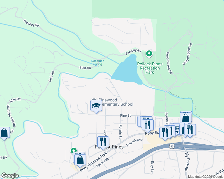 map of restaurants, bars, coffee shops, grocery stores, and more near 6218 Drop Off Road in Pollock Pines