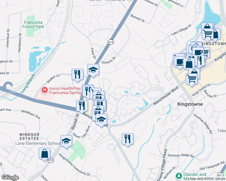 map of restaurants, bars, coffee shops, grocery stores, and more near 6164 Old Brentford Court in Alexandria