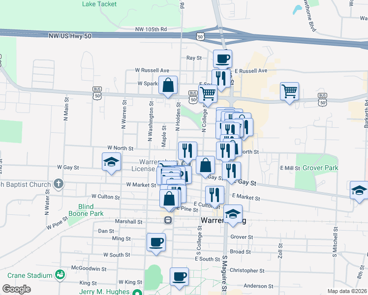 map of restaurants, bars, coffee shops, grocery stores, and more near 105 East North Street in Warrensburg