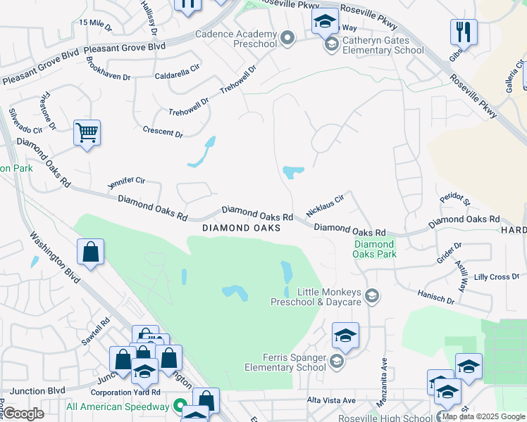 map of restaurants, bars, coffee shops, grocery stores, and more near 333 Diamond Oaks Road in Roseville