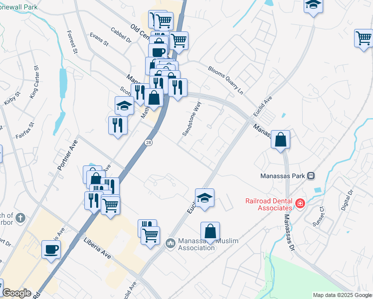 map of restaurants, bars, coffee shops, grocery stores, and more near 8542 General Way in Manassas Park