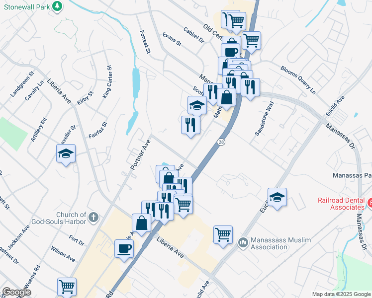 map of restaurants, bars, coffee shops, grocery stores, and more near 8640 Mathis Avenue in Manassas