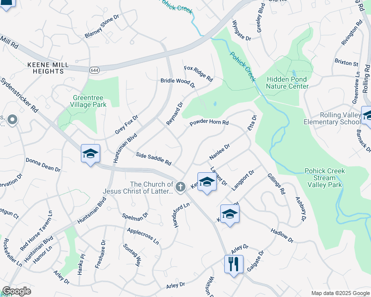 map of restaurants, bars, coffee shops, grocery stores, and more near 6801 Houndmaster Road in Springfield