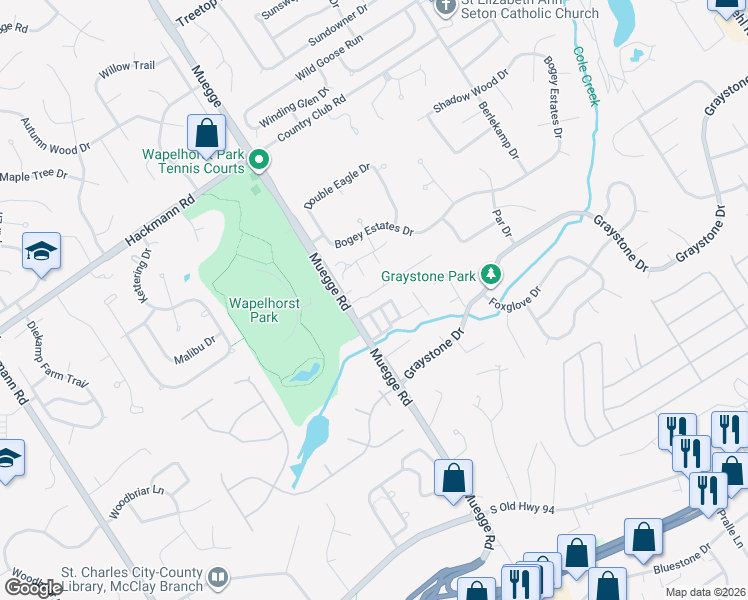 map of restaurants, bars, coffee shops, grocery stores, and more near 2280 North Village Drive in Saint Charles