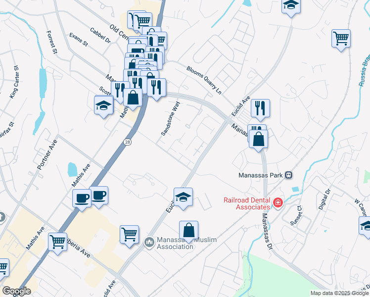 map of restaurants, bars, coffee shops, grocery stores, and more near 8666 Madera Court in Manassas Park