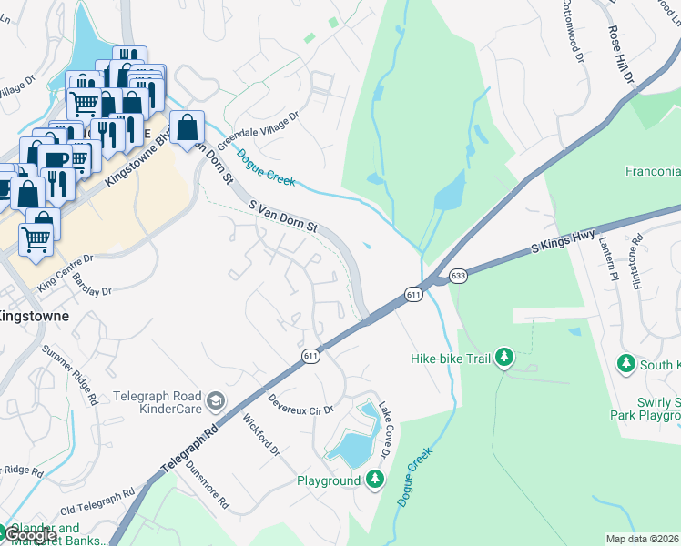 map of restaurants, bars, coffee shops, grocery stores, and more near 5209 Pleasure Cove Court in Alexandria
