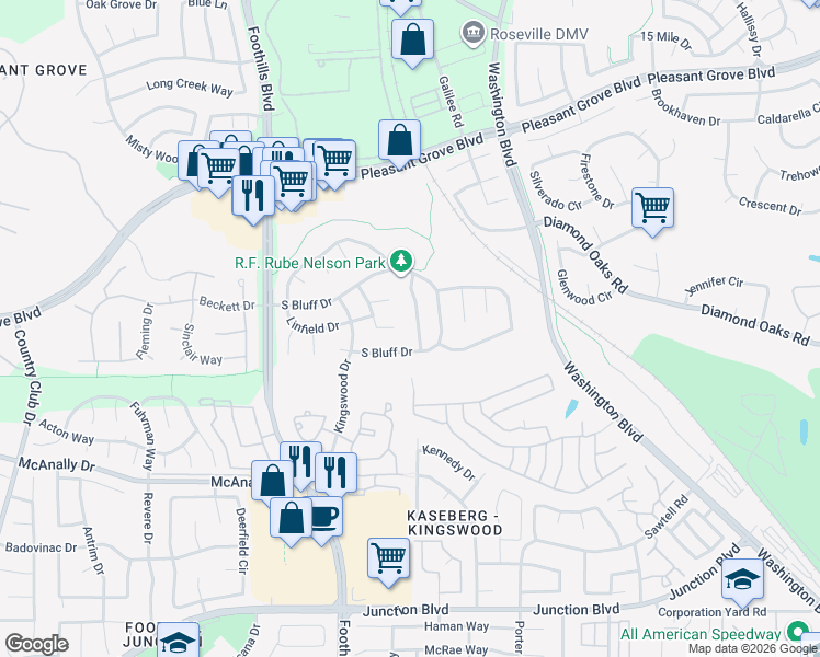 map of restaurants, bars, coffee shops, grocery stores, and more near 140 Sky Ridge Court in Roseville