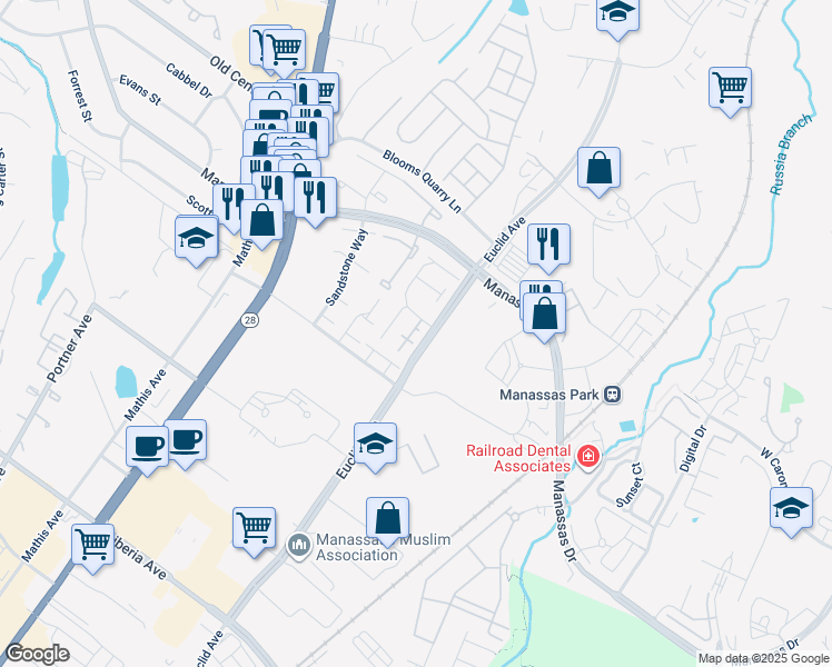 map of restaurants, bars, coffee shops, grocery stores, and more near 8661 Inyo Place in Manassas Park