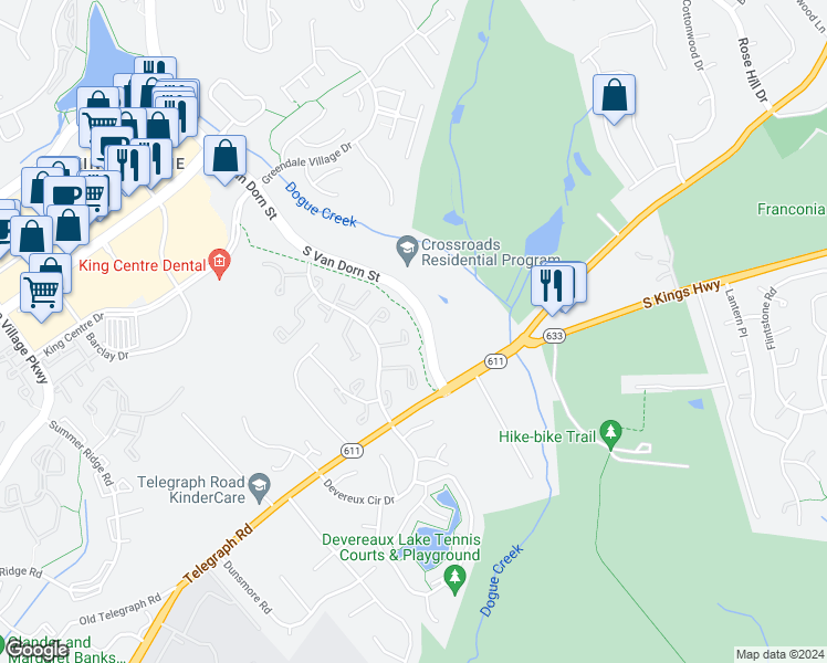 map of restaurants, bars, coffee shops, grocery stores, and more near 5209 Pleasure Cove Court in Alexandria