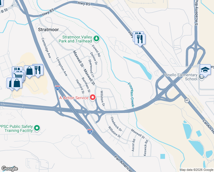 map of restaurants, bars, coffee shops, grocery stores, and more near 1323 Maxwell Street in Colorado Springs