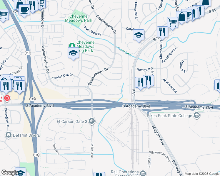 map of restaurants, bars, coffee shops, grocery stores, and more near 1595 Gumwood Drive in Colorado Springs