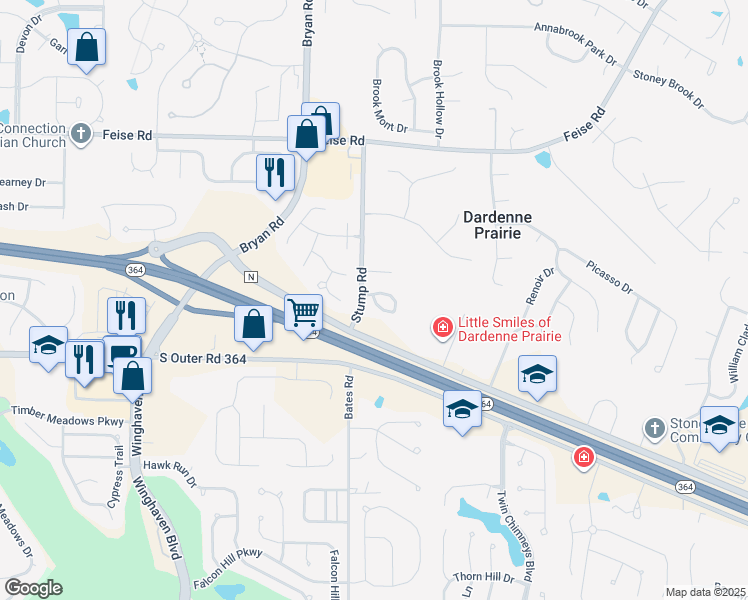 map of restaurants, bars, coffee shops, grocery stores, and more near 19 Needle Court in O'Fallon