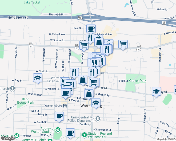 map of restaurants, bars, coffee shops, grocery stores, and more near 213 East North Street in Warrensburg