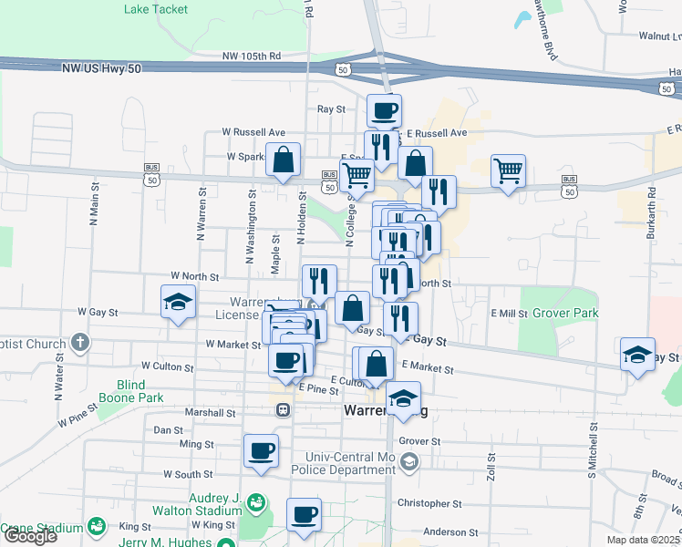 map of restaurants, bars, coffee shops, grocery stores, and more near 420 North College Street in Warrensburg