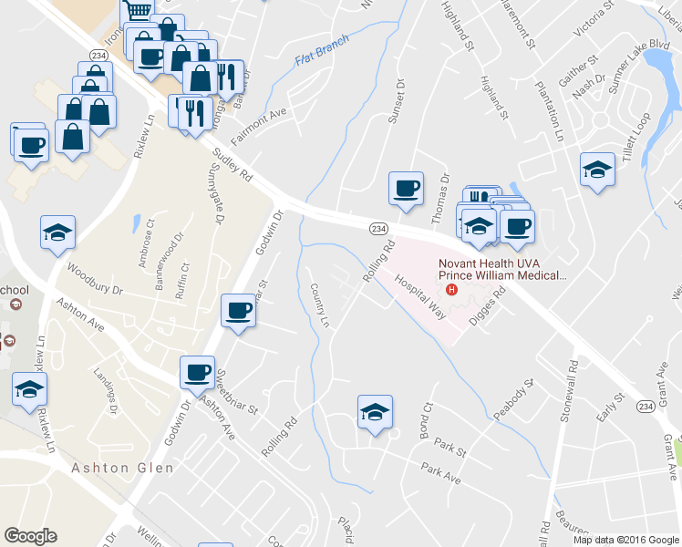 map of restaurants, bars, coffee shops, grocery stores, and more near 9913 Grapewood Court in Manassas