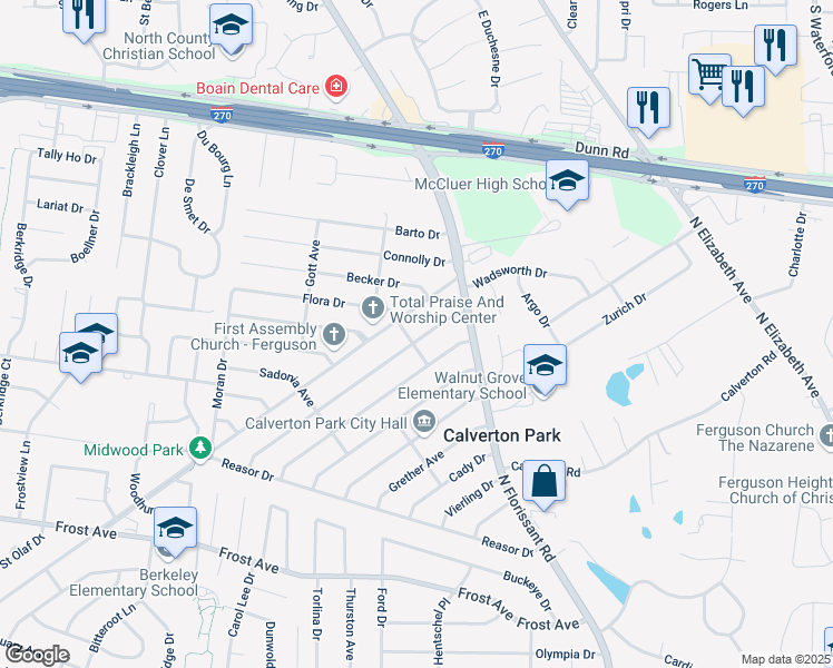 map of restaurants, bars, coffee shops, grocery stores, and more near 33 Anistasia Drive in St. Louis