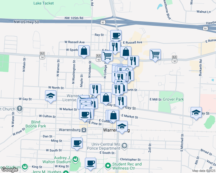 map of restaurants, bars, coffee shops, grocery stores, and more near 203 East North Street in Warrensburg