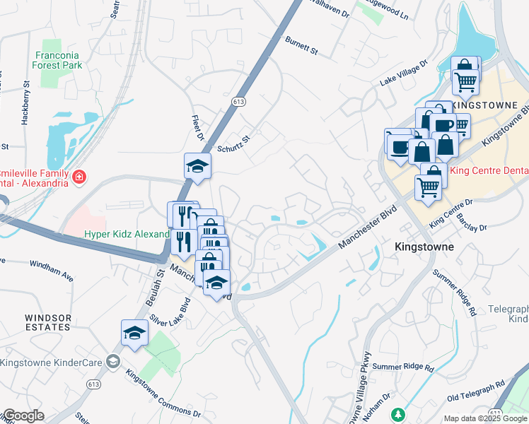 map of restaurants, bars, coffee shops, grocery stores, and more near 6115 Old Brentford Court in Alexandria