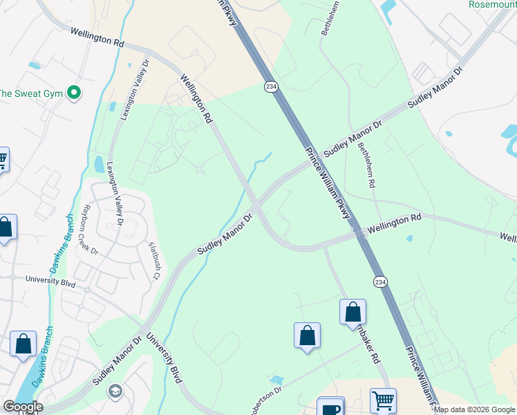 map of restaurants, bars, coffee shops, grocery stores, and more near Sudley Manor Drive in Bristow