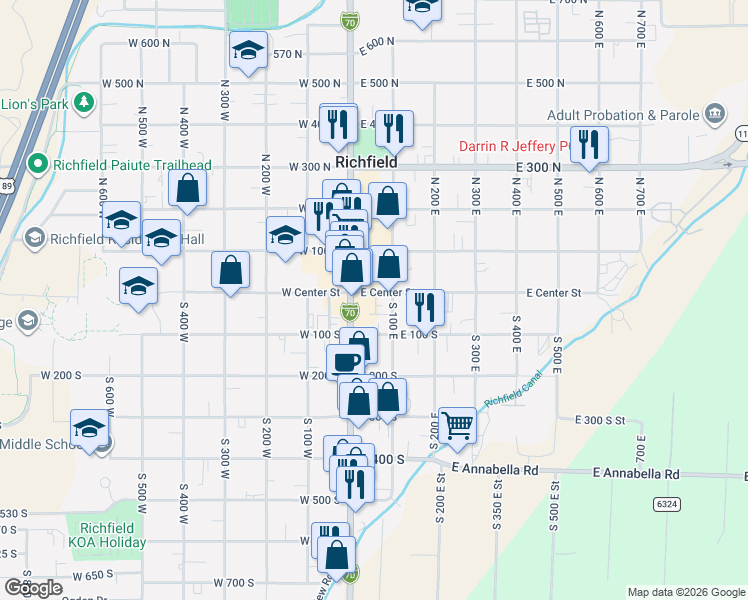 map of restaurants, bars, coffee shops, grocery stores, and more near 56 East Center Street in Richfield