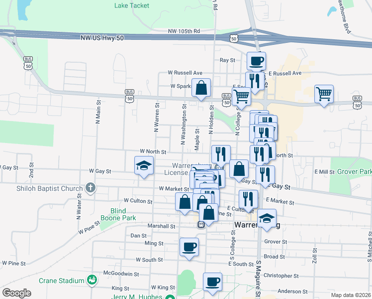 map of restaurants, bars, coffee shops, grocery stores, and more near 417 North Washington Street in Warrensburg