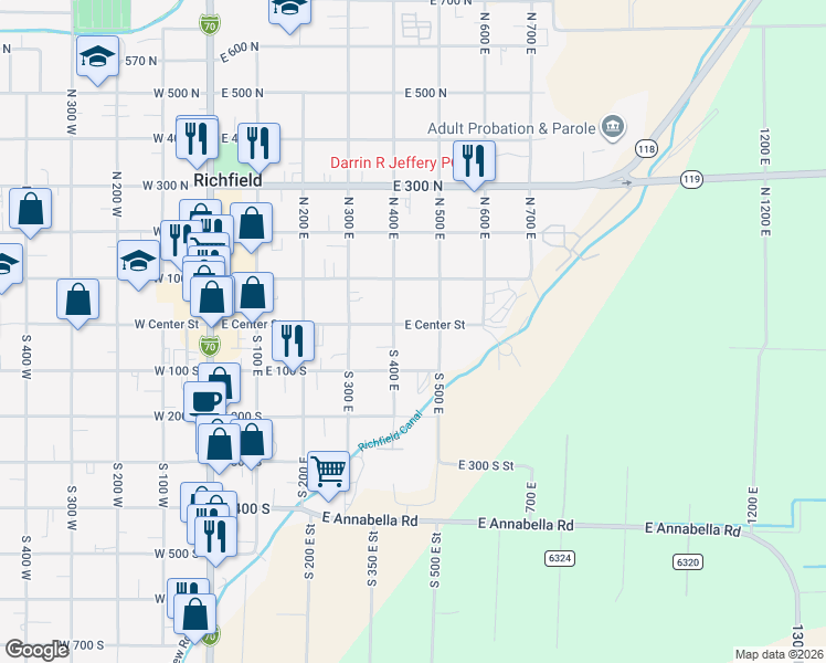 map of restaurants, bars, coffee shops, grocery stores, and more near 442 East Center Street in Richfield
