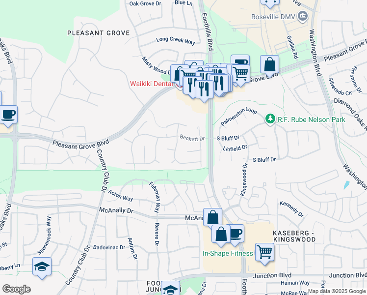 map of restaurants, bars, coffee shops, grocery stores, and more near 316 Melville Court in Roseville