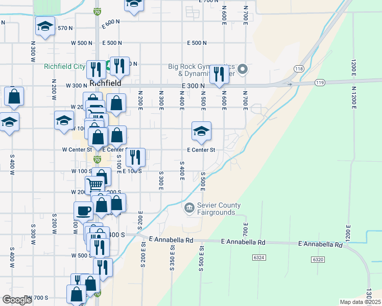 map of restaurants, bars, coffee shops, grocery stores, and more near 442 East Center Street in Richfield