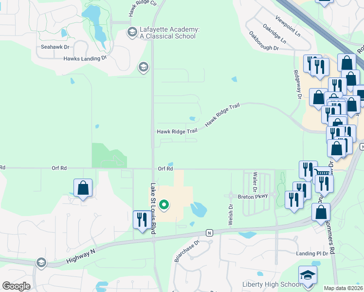 map of restaurants, bars, coffee shops, grocery stores, and more near 2500 Hawk Ridge Trail Court in Lake Saint Louis
