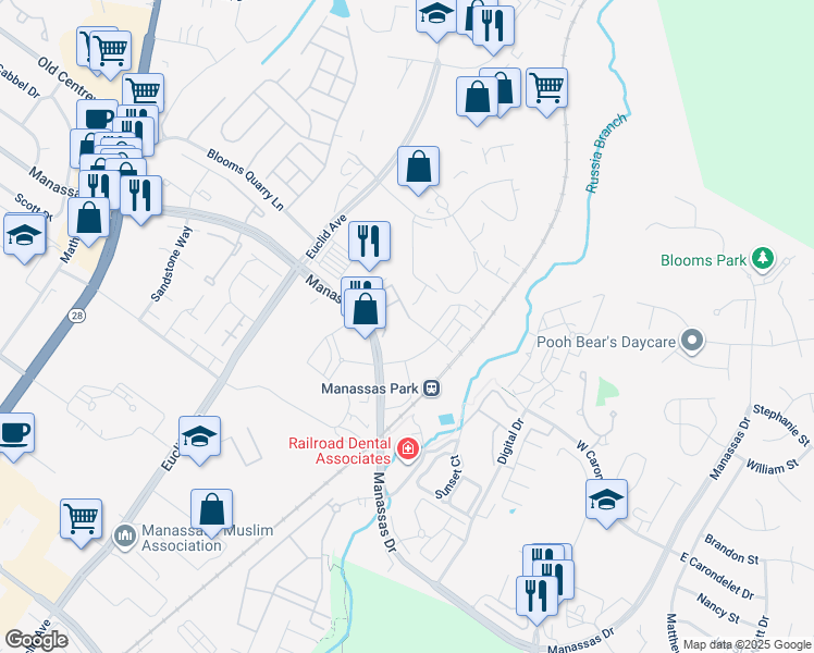 map of restaurants, bars, coffee shops, grocery stores, and more near 823 Ambrose Lane in Manassas Park