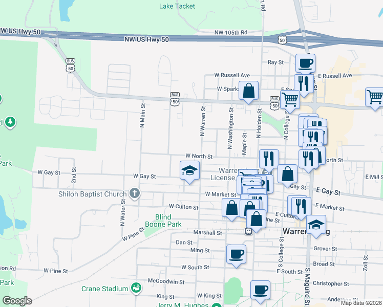 map of restaurants, bars, coffee shops, grocery stores, and more near 302 West North Street in Warrensburg
