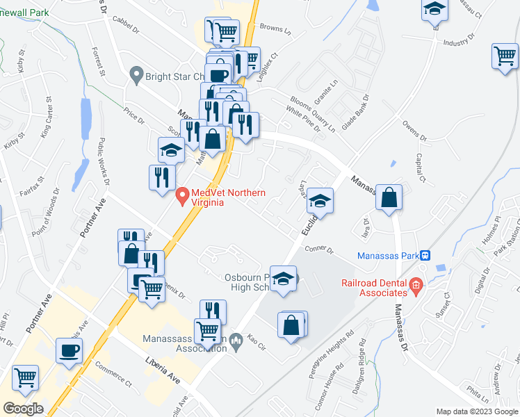 map of restaurants, bars, coffee shops, grocery stores, and more near 8536 General Way in Manassas Park