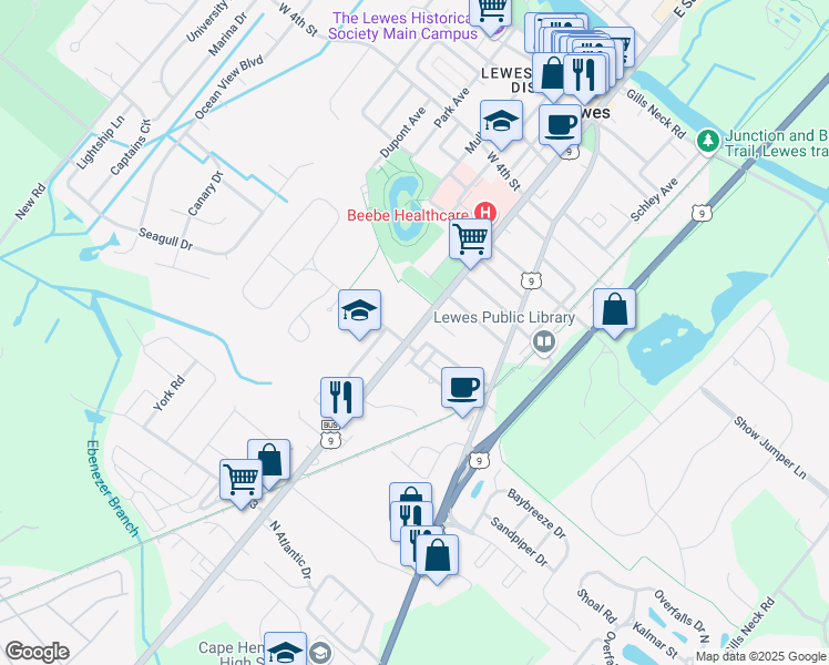 map of restaurants, bars, coffee shops, grocery stores, and more near Savannah Road in Lewes
