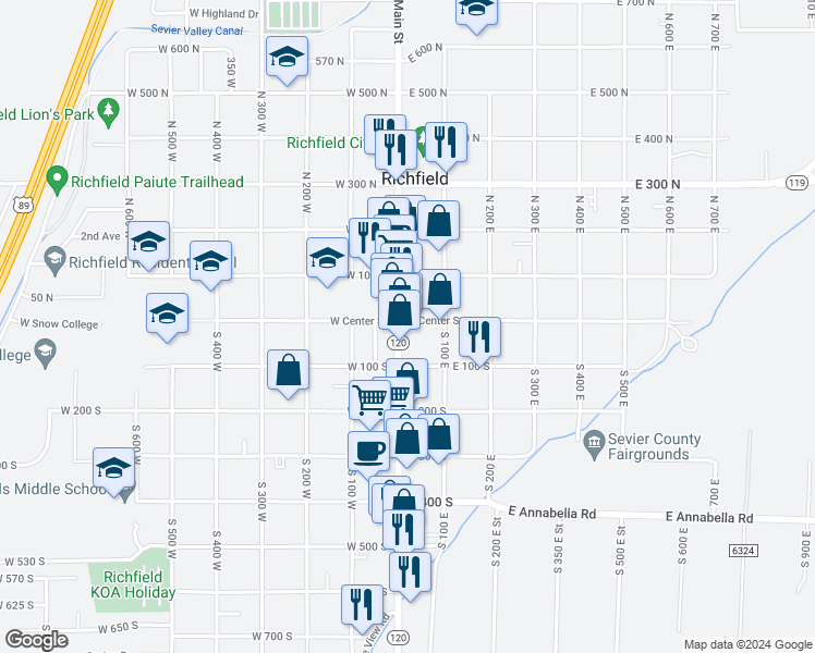 map of restaurants, bars, coffee shops, grocery stores, and more near 43 South Main Street in Richfield