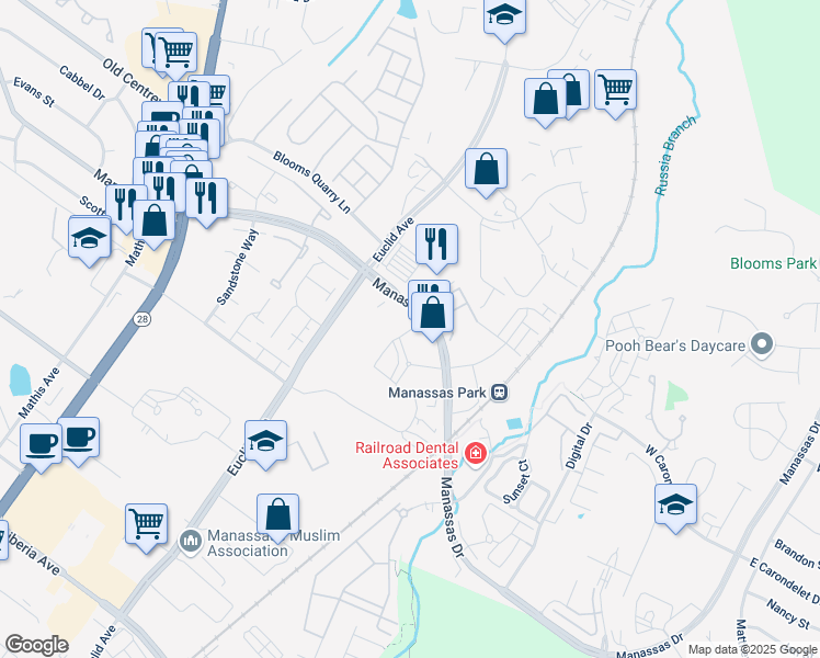 map of restaurants, bars, coffee shops, grocery stores, and more near in Manassas