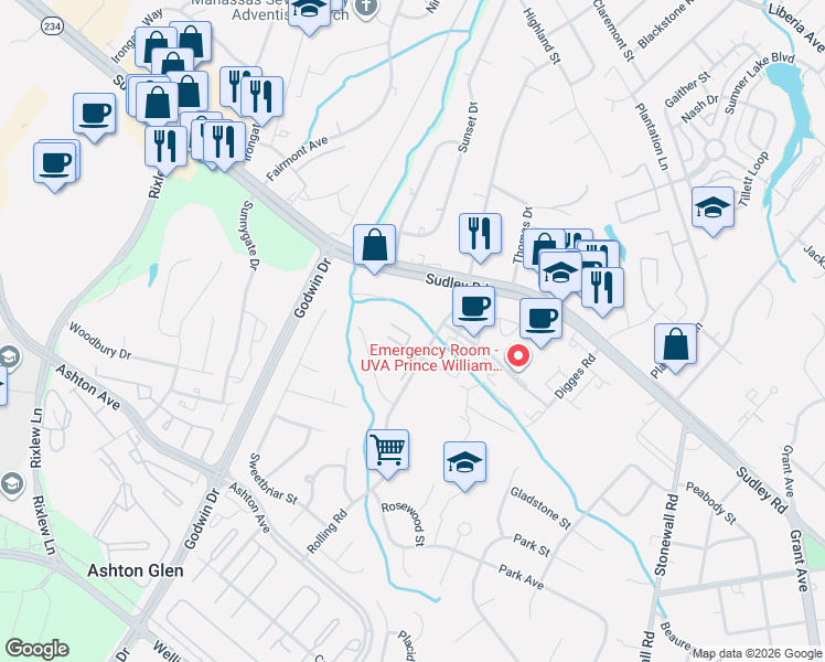 map of restaurants, bars, coffee shops, grocery stores, and more near 9914 Grapewood Court in Manassas