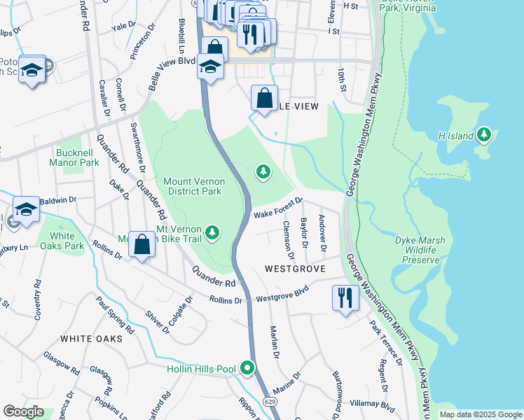 map of restaurants, bars, coffee shops, grocery stores, and more near 1502 Wake Forest Drive in Alexandria