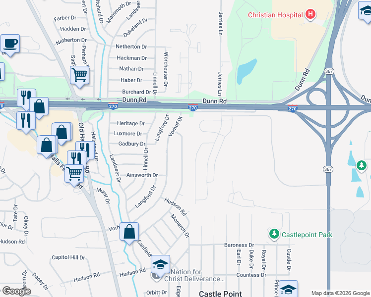 map of restaurants, bars, coffee shops, grocery stores, and more near 10736 Hallwood Drive in St. Louis