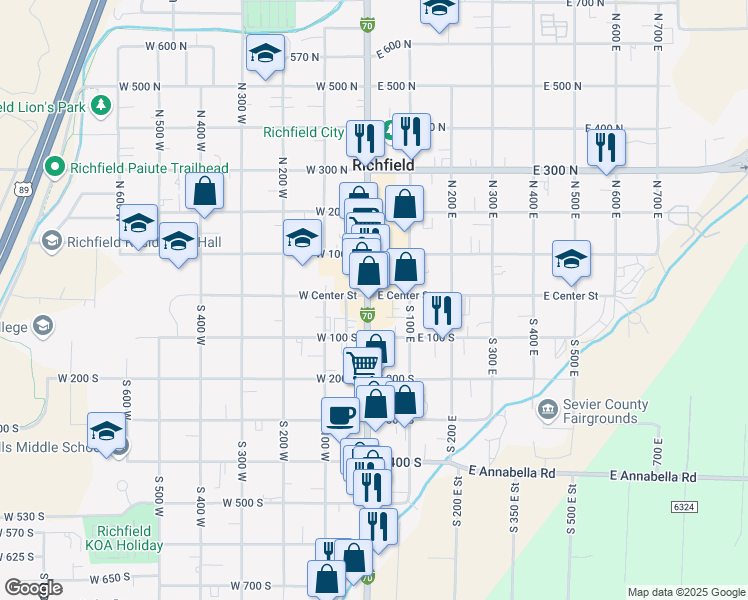 map of restaurants, bars, coffee shops, grocery stores, and more near 7 South Main Street in Richfield