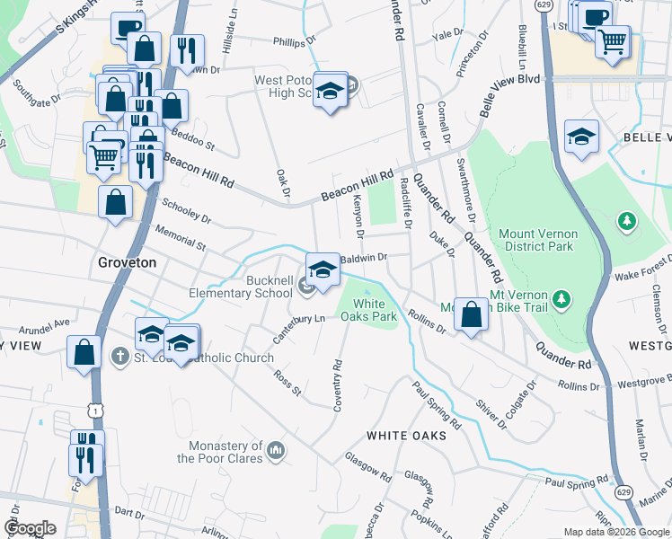 map of restaurants, bars, coffee shops, grocery stores, and more near 2407 Mary Baldwin Drive in Alexandria