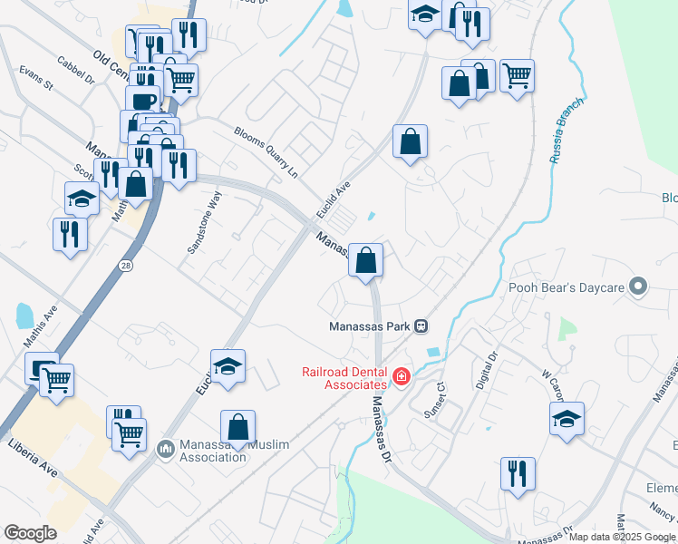 map of restaurants, bars, coffee shops, grocery stores, and more near 8505 Euclid Avenue in Manassas Park