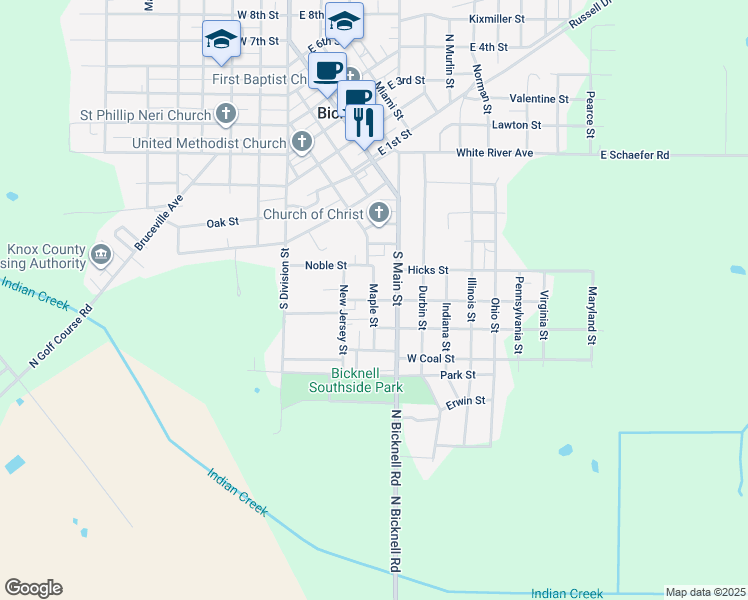 map of restaurants, bars, coffee shops, grocery stores, and more near 201 West Cherry Street in Bicknell