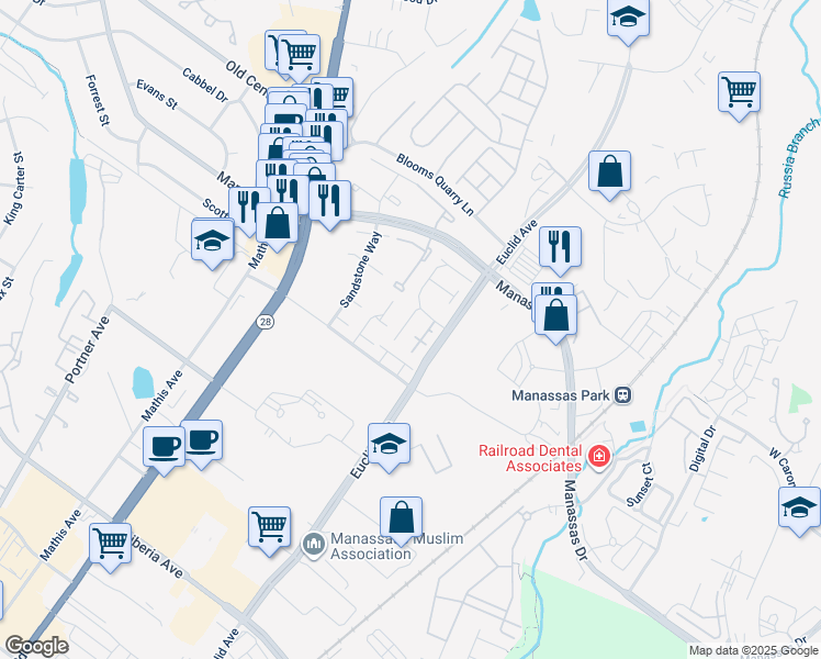 map of restaurants, bars, coffee shops, grocery stores, and more near 8649 Madera Court in Manassas Park