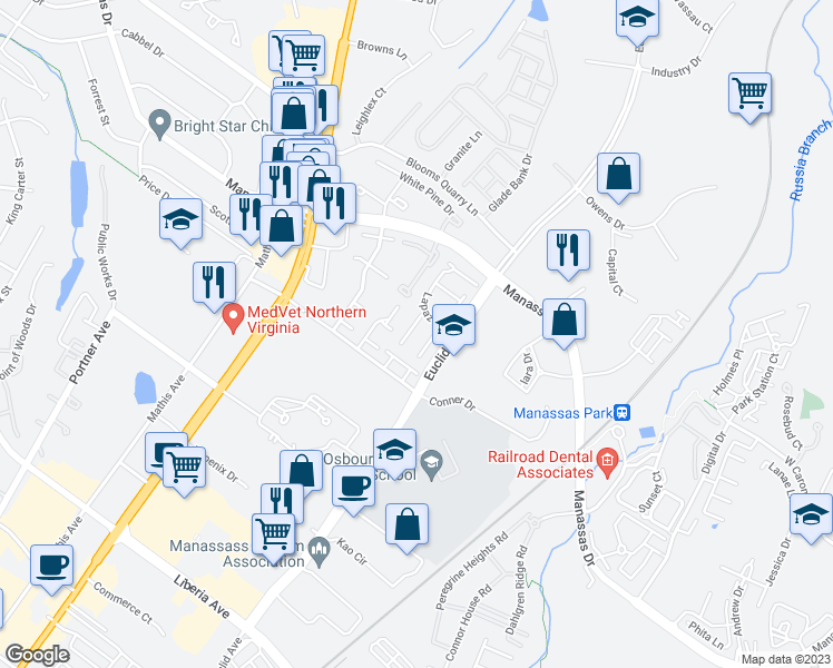 map of restaurants, bars, coffee shops, grocery stores, and more near 8649 Madera Court in Manassas Park