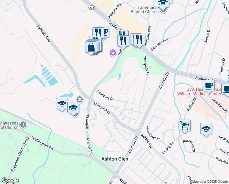 map of restaurants, bars, coffee shops, grocery stores, and more near 8651 Hallard Court in Manassas