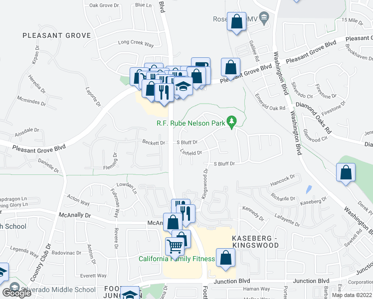 map of restaurants, bars, coffee shops, grocery stores, and more near 1398 Linfield Drive in Roseville