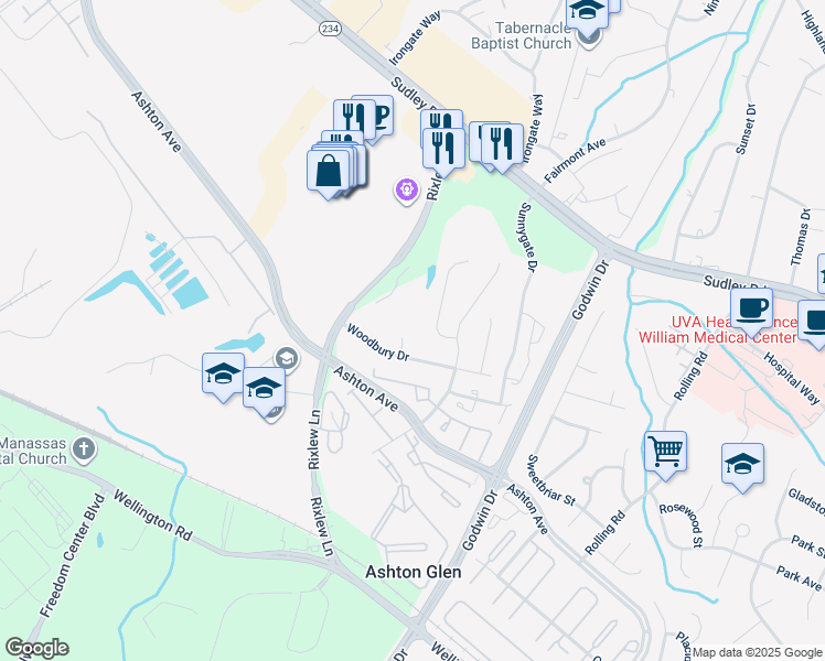map of restaurants, bars, coffee shops, grocery stores, and more near 8651 Hallard Court in Manassas