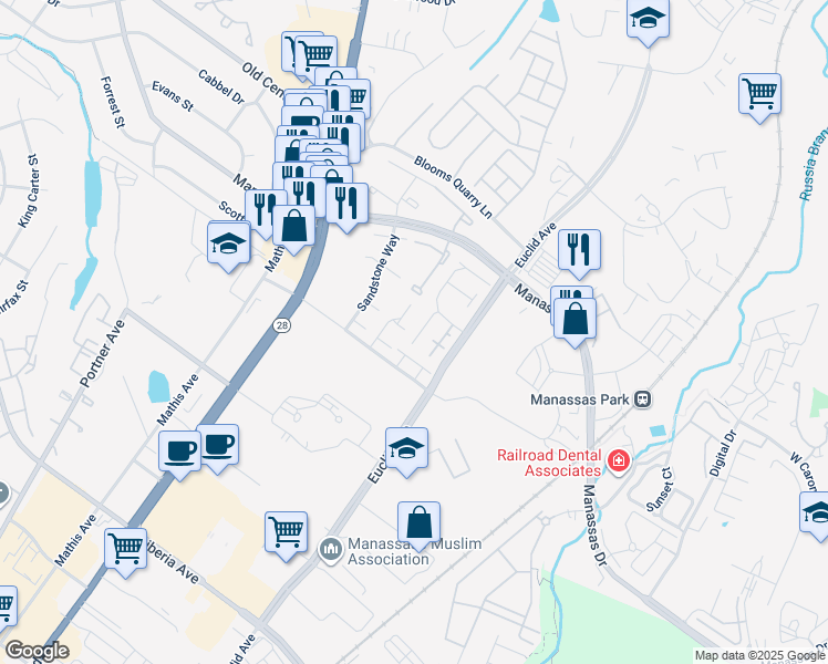 map of restaurants, bars, coffee shops, grocery stores, and more near 8656 Madera Court in Manassas Park