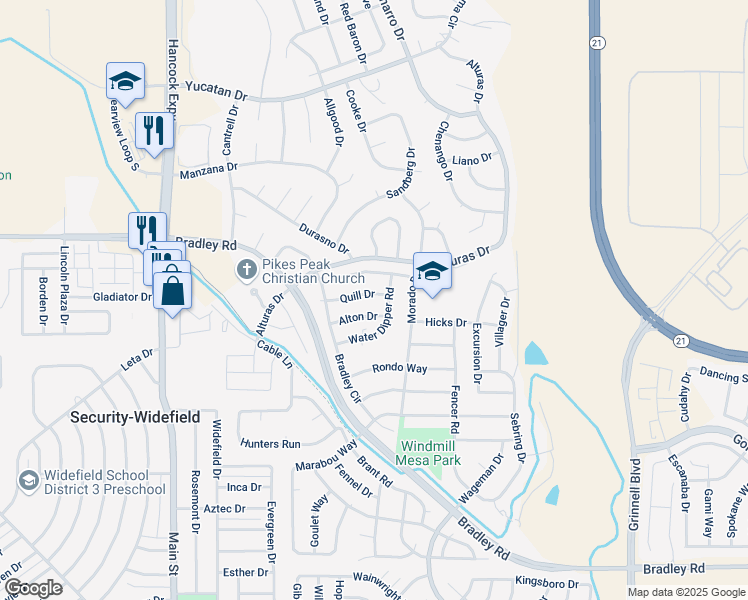 map of restaurants, bars, coffee shops, grocery stores, and more near 5280 Alton Drive in Colorado Springs