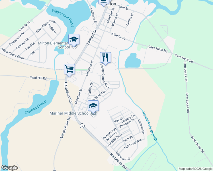 map of restaurants, bars, coffee shops, grocery stores, and more near 310 Village Center Boulevard in Milton